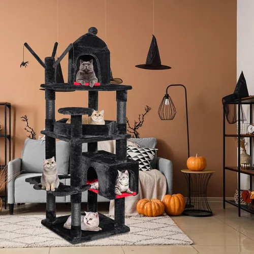 Miniatura 5 de BEWISHOME Árbol para gatos resistente, 63 pulgadas, árboles para gatos grandes, torre gótica para gatos con cama de ataúd, casas para gatos