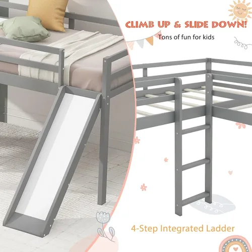 Miniatura 3 de Merax Cama doble tipo loft de tamaño individual con tobogán y escalera, marco de cama de madera en forma de L con barandilla de longitud completa