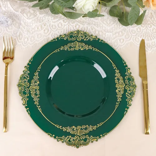 Miniatura 10 de Tableclothsfactory Paquete de 10 platos redondos de plástico barroco dorado de 8 pulgadas para ensalada de postre, vajilla desechable con borde