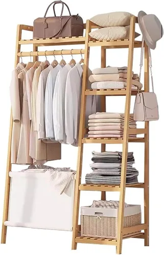 Miniatura 11 de Bamboo Coat Rack with Storage Rack,Freestanding Clothes Rack with Storage Bag,Wood Closet Shelf with Hanging Rod,Clothes Storage Organizer