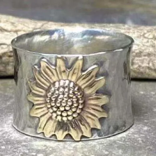 Miniatura 2 de Anillo de girasol vintage para mujeres y hombres, anillo giratorio de margaritas y girasoles, estilo bohemio, ancho y grueso, anillo de esperanza