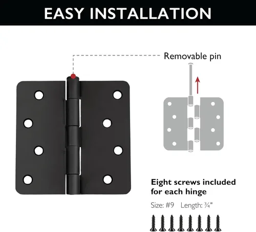 Miniatura 4 de Design House Bisagras para puerta interior, 4.0 in. x 4.0 in., Redondeado, 1/4-pulg Radio, Acero, Pre-Lubricado, Herrajes para Puerta, Negro Mate
