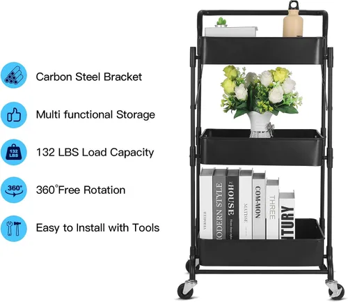 Miniatura 3 de Carrito plegable de metal de 3 niveles, carrito organizador plegable de almacenamiento multifunción para oficina en casa y biblioteca (negro)