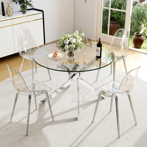 Miniatura 8 de Juego de mesa de comedor de cristal redondo transparente para 4, juego de mesa de cocina circular de 5 piezas, juego de mesa de comedor circular
