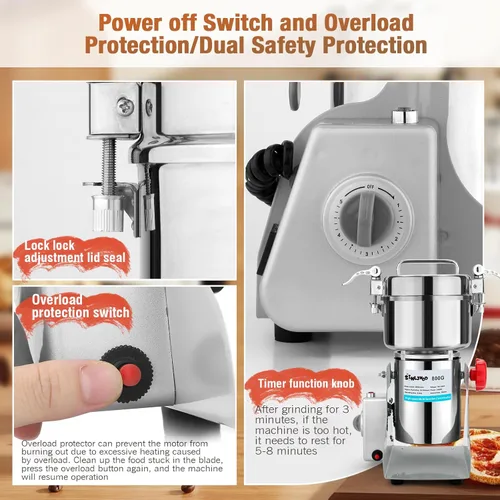 Miniatura 5 de Molinillo eléctrico de grano – Tipo oscilante 3500 W, 110 V, 28.22 oz, molinillo de especias comercial, adecuado para harina, maíz y café, especias