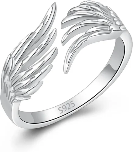 Anillo de plata de ley 925 con alas de ángel y plumas ajustables y delicadas para mujeres, adolescentes y niñas, Metal, Zirconia cúbica