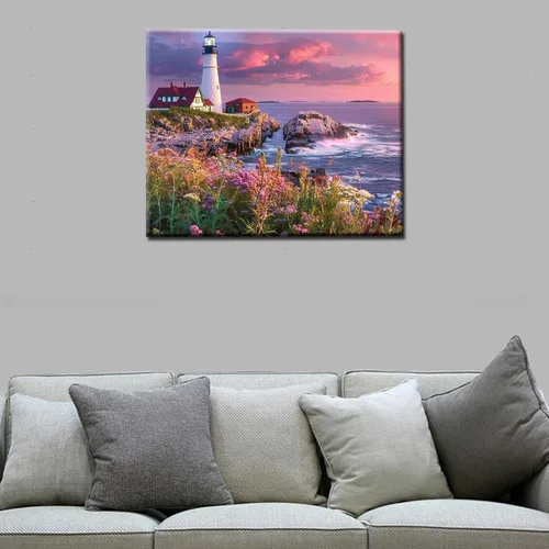 Miniatura 12 de Pintura de faro de fantasía, pintura dramática por números, 16 x 20 pulgadas, lienzo para bricolaje, pintura al óleo del océano tropical