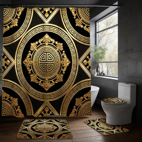 Yizheer Juego de 4 cortinas de ducha de lujo, color negro y dorado, patrón de damasco impermeable, kit de decoración de baño (cortina de ducha +