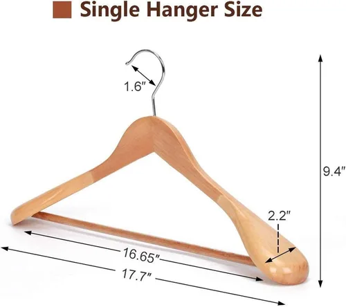 Miniatura 3 de JS HANGER Perchas de madera para trajes, paquete de 6 perchas de madera extra anchas con barra antideslizante para pantalones, acabado natural extra