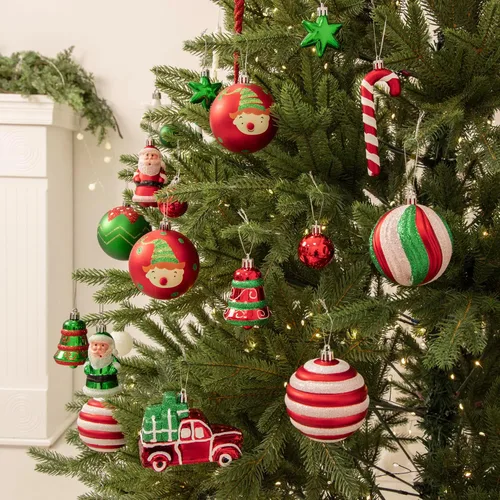 Miniatura 5 de Juego de Adornos de Bolas de Navidad, 64 unidades, Colección Splendor Alegre Rojo Verde Blanco, Adornos Navideños Surtidos Irrompibles para Fiestas