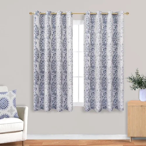 Miniatura 21 de Cortinas con patrón azul marino de 84 pulgadas de largo para sala de estar, juego de 2 paneles con ojales, estampado de medallón de damasco