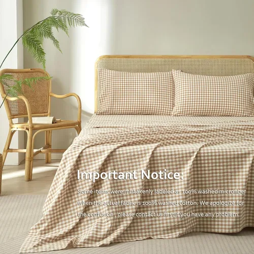 Miniatura 2 de LifeTB Tan Gingham - Juego de sábanas tamaño matrimonial, transpirables, suaves, color beige, gris topo, sábanas a cuadros 100% algodón lavado