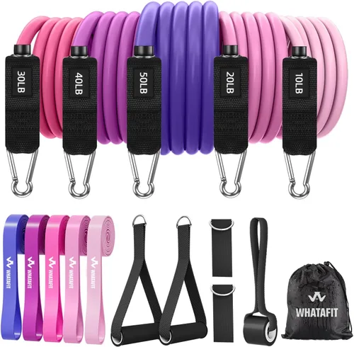 WHATAFIT Bandas de resistencia, bandas de ejercicio, bandas de resistencia para entrenamiento, bandas de entrenamiento con asas para hombres y Rosa
