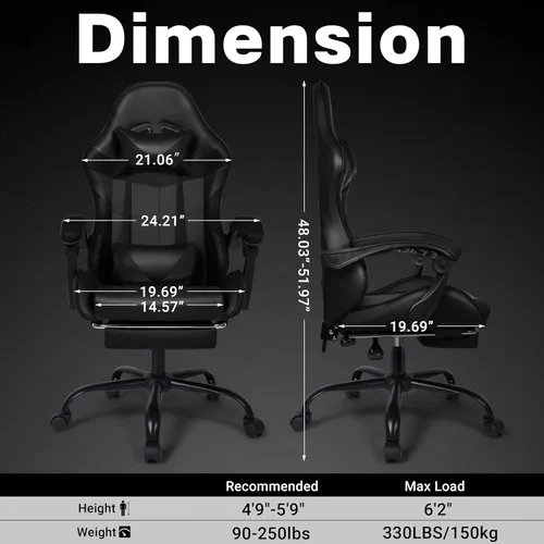Miniatura 2 de Silla de juegos, silla ergonómica para computadora con reposapiés y soporte lumbar, silla de oficina ajustable en altura con asiento giratorio