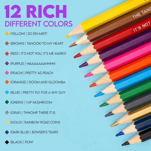 Miniatura 2 de Lápices de colores inspirados en Mario para adultos y niños, 12 lápices de colores preafilados con referencias de juego estampadas con papel