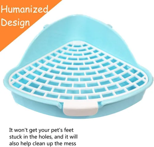 Miniatura 5 de Hamiledyi Caja de arena pequeña para conejo para jaula triangular, entrenador de orinal de esquina, conejo, inodoro, bandeja de plástico para Azul