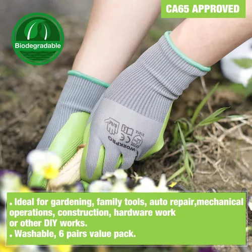 Miniatura 6 de WORKPRO 6 pares de guantes de jardín, guantes de trabajo con revestimiento de palma de látex ecológico, guantes de jardinería, guantes de trabajo
