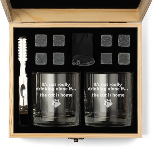 Juego de caja de regalo de cristal de whisky con piedras de whisky y 2 vasos de rocas, no está realmente bebiendo solo si el gato está en casa