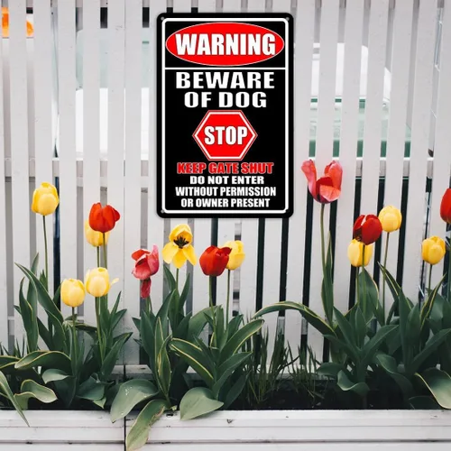 Miniatura 4 de Letreros de metal con texto en inglés "Beware Of Dog" para valla (paquete de 2) letreros de metal para decoración de perros, advertencia de jardín
