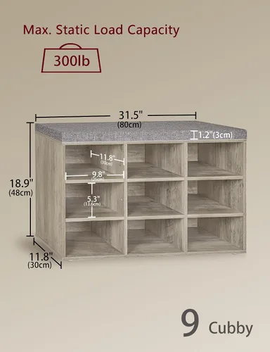 Miniatura 3 de DINZI LVJ Banco para zapatos, organizador de zapatos de 9 compartimentos para entrada, banco de almacenamiento con cojín, estante para zapatos