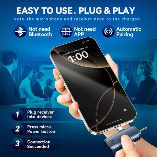 Miniatura 5 de Micrófonos inalámbricos Lavalier 3 en 1 para iPhone, Android, USB-C, Cámara, Chip de reducción de ruido incorporado, Plug-Play, Mini micrófono 2.4G