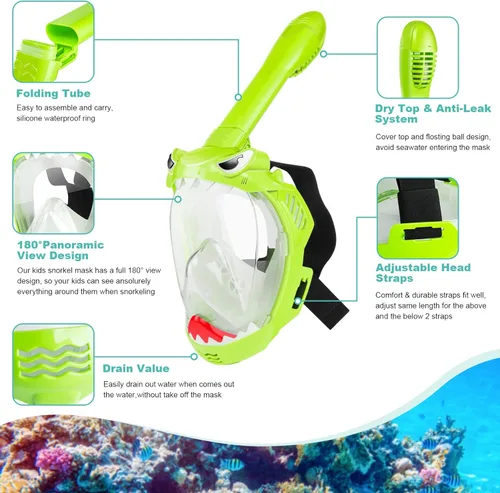 Miniatura 2 de Full Face Snorkel Mask for Kids with 180° Panoramic View, Snorkeling Set Featuring Anti-Leak and Anti-Fog Foldable Dry Top Design for Safe Verde
