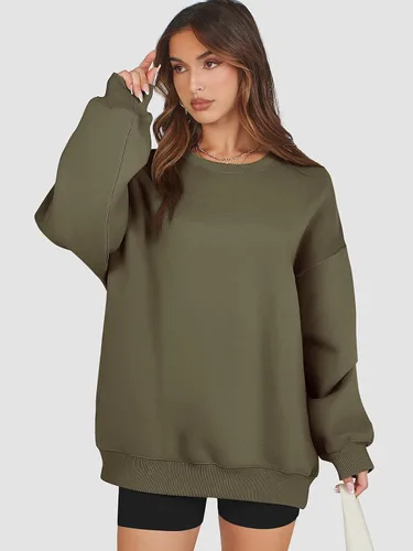Miniatura 2 de ATHMILE Sudadera de gran tamaño para mujer, cuello redondo, forro polar, manga larga, sudaderas con capucha, tops de otoño, ropa de moda 2023