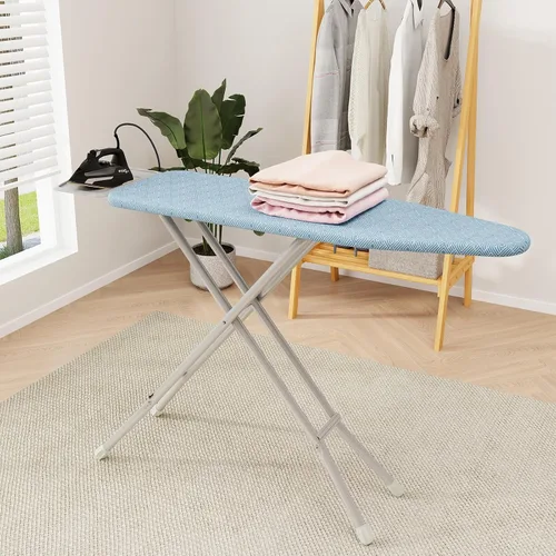 Miniatura 9 de COSTWAY Tabla de planchar de tamaño completo, soporte de hierro plegable de 57 x 15 pulgadas con altura ajustable de 7 niveles, cubierta de Azul