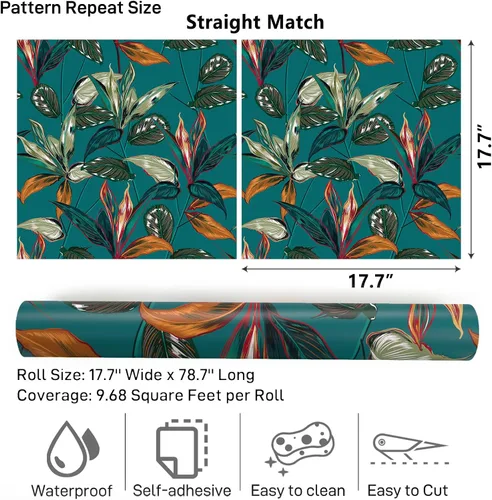 Miniatura 9 de VaryPaper Papel tapiz exótico tropical de 17.7 x 78.7 pulgadas, para pegar y pelar, papel tapiz de hojas azul verde azulado, papel de contacto