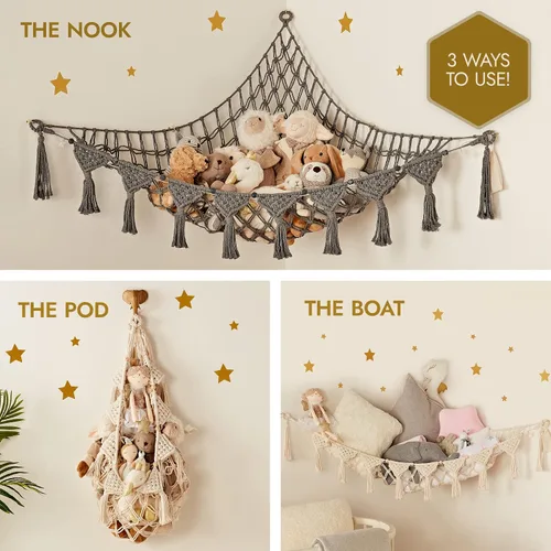 Miniatura 4 de TIDYTEDS Macramé DreamLights Hamaca de Red de Almacenamiento de Animales de Peluche Boho Extra Grande Soporte de Almacenamiento de Juguetes de Azul