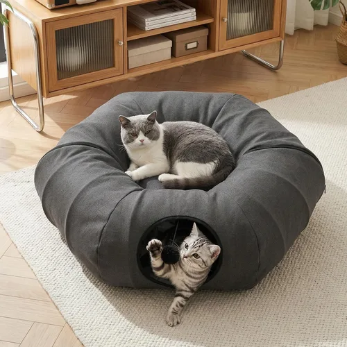 Cat Tunnel Bed for Indoor Cats, Cooling Natural Linen Cat Tunnel, Breathable 29.5in Kitten Toys Cat Tunnel with Washable Mat, Round Pet Tunnel for