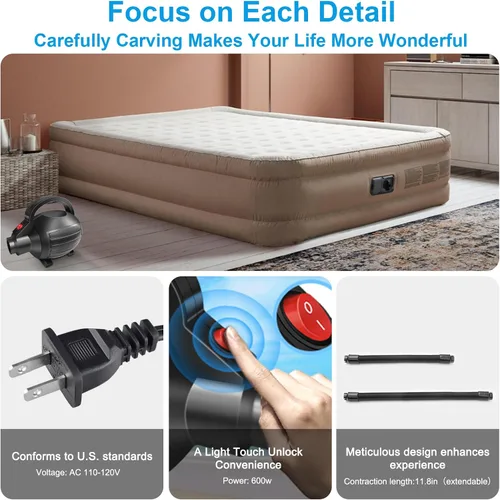 Miniatura 7 de VOFiTNY Bomba de aire eléctrica para inflables, bomba de colchón de aire de 600 W, bomba de cama portátil para colchoneta de gimnasia, piscina