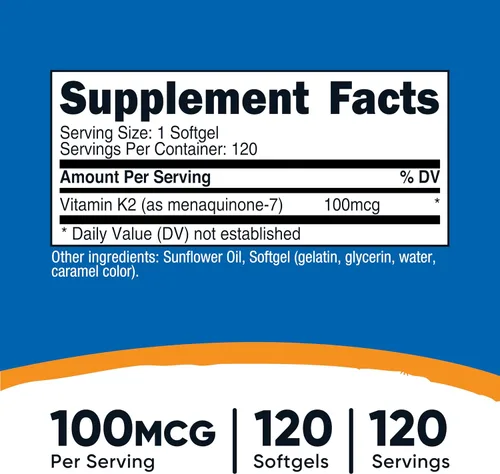 Miniatura 2 de Nutricost Suplemento de Vitamina K2 MK-7 (100 mcg) 120 Cápsulas Blandas - Sin GMO