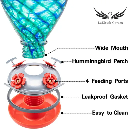 Miniatura 4 de Comederos para Colibríes, 34 OZ Comedero de Vidrio Soplado a Mano para Colibríes para Exteriores Colgante con Ganchos de Foso Antihormigas, Perfecto