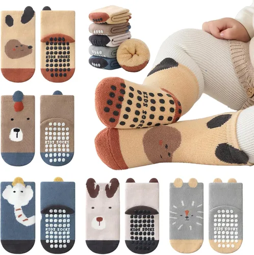 Calcetines antideslizantes de dibujos animados para bebés, calcetines cálidos y gruesos antideslizantes para recién nacidos, 5 pares