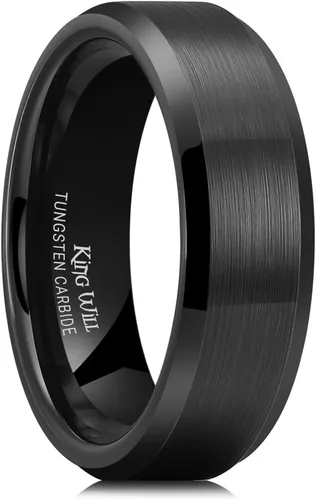 Miniatura 39 de King Will Anillo de boda de tungsteno para hombre, disponible en 15/64 a 25/64 de pulgada (6 a 10 mm), negro/plata, acabado mate, borde pulido