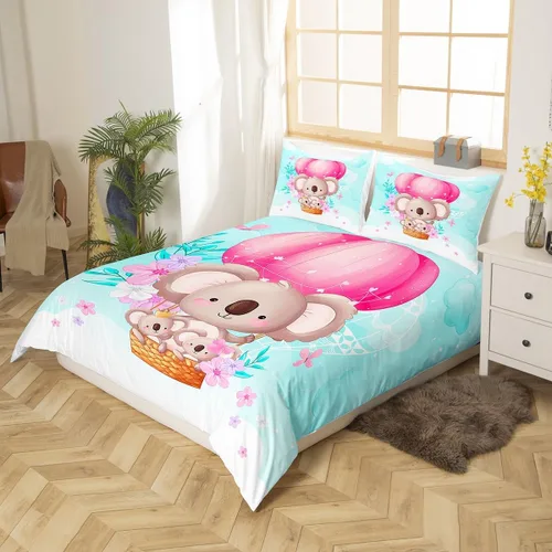 Miniatura 2 de Manfei Lindo juego de funda de edredón de koala tamaño individual, juego de ropa de cama de globo aerostático rosa, 2 piezas para decoración