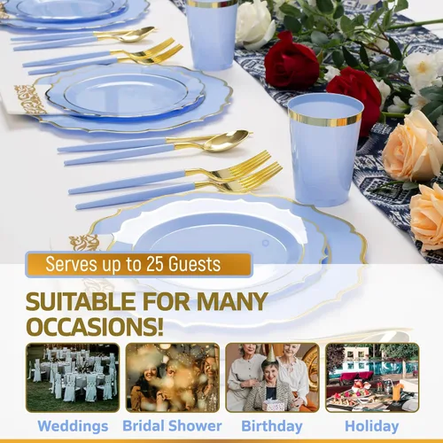 Miniatura 5 de Elegante juego de vajilla desechable azul y dorado para 25 invitados, 175 platos de plástico resistente, tazas y cubiertos dorados para baby