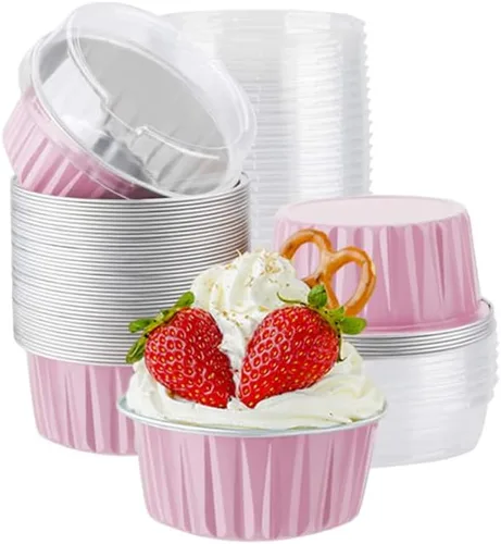Miniatura 9 de Paquete de 100 tazas de papel de aluminio para hornear con tapas, tazas de postre de 5 onzas, moldes para magdalenas, moldes desechables para Oro