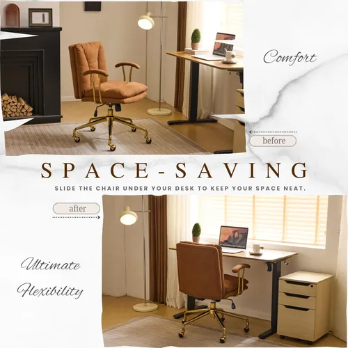 Miniatura 6 de VINGLI Silla de escritorio para oficina en casa, cómoda con ruedas y reposabrazos extraíbles, silla de tocador con base dorada con respaldo, silla