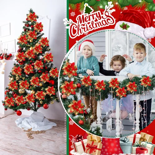 Miniatura 5 de Lyrow 60 flores de Pascua con purpurina de 6 pulgadas con clips y tallos, adornos para árbol de Navidad, flores de pascua artificiales para Navidad