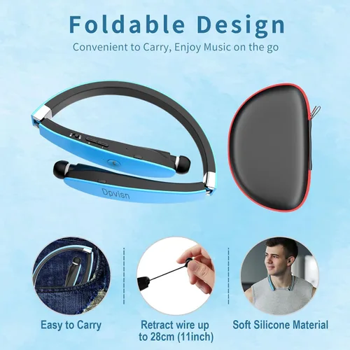 Miniatura 4 de Auriculares Bluetooth con banda para el cuello, auriculares inalámbricos ligeros plegables con auriculares retráctiles, cancelación de ruido, Azul