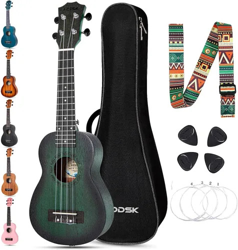 Miniatura 23 de AODSK Ukelele negro de concierto para principiantes de 23 pulgadas con correa para bolsa de concierto, cuerda de nailon, 4 púas, regalo de vacaciones