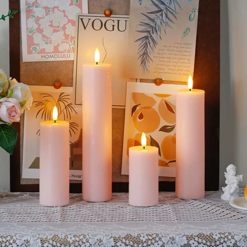 Miniatura 2 de Velas de pilar sin llama parpadeantes con control remoto y temporizador de ciclo, rosa Juego de 4 velas eléctricas falsas de 3D-Mecha alta operadas
