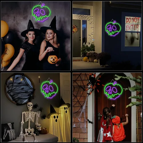 Miniatura 3 de WLHOPE Letrero de neón de Halloween regulable con calavera, manzana, para decoración de pared, luces LED de Halloween, conectividad USB, luces LED