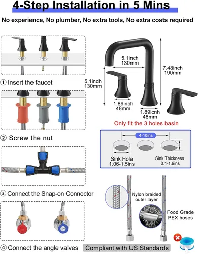 Miniatura 6 de Grifo de baño negro generalizado de 360 grados giratorio para fregadero de 3 agujeros de 4 a 10 pulgadas, 2 manijas con drenaje desplegable