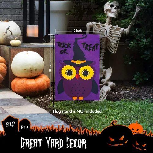 Miniatura 6 de G128 - Bandera de jardín de Halloween, cita de truco o trato con bonito búho, decoraciones de jardín y patio, bandera rústica de temporada para 12 x