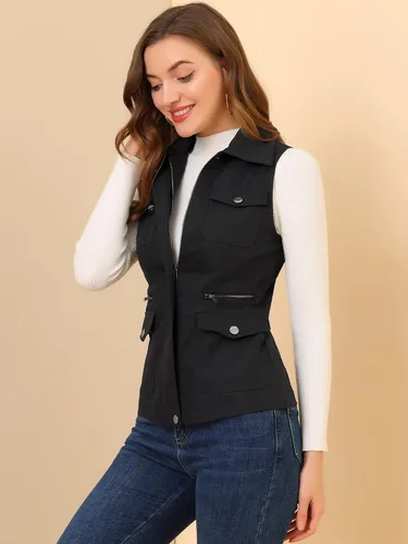 Miniatura 2 de Allegra K Chaqueta con cremallera y bolsillos para mujer, chaleco sin mangas tipo cargo