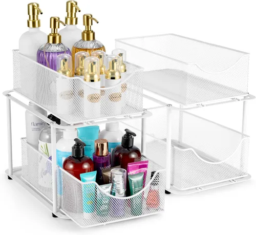 Miniatura 9 de Sorbus Organizador de metal para debajo del fregadero de 2 niveles para baño, cocina, cajones deslizantes de malla de acero fuerte para debajo