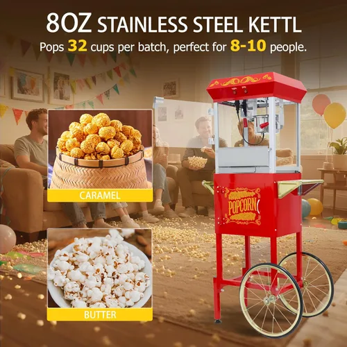 Miniatura 4 de Carro de máquina de palomitas de maíz de 8 onzas, 650 W, máquina para hacer palomitas de maíz con hervidor de acero inoxidable, máquina de palomitas